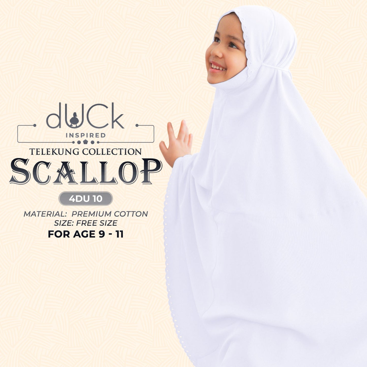 dUCk Inspired Scallop (Kids) Telekung Collection (age 9 to 11) Free Woven Bag (4DU)
