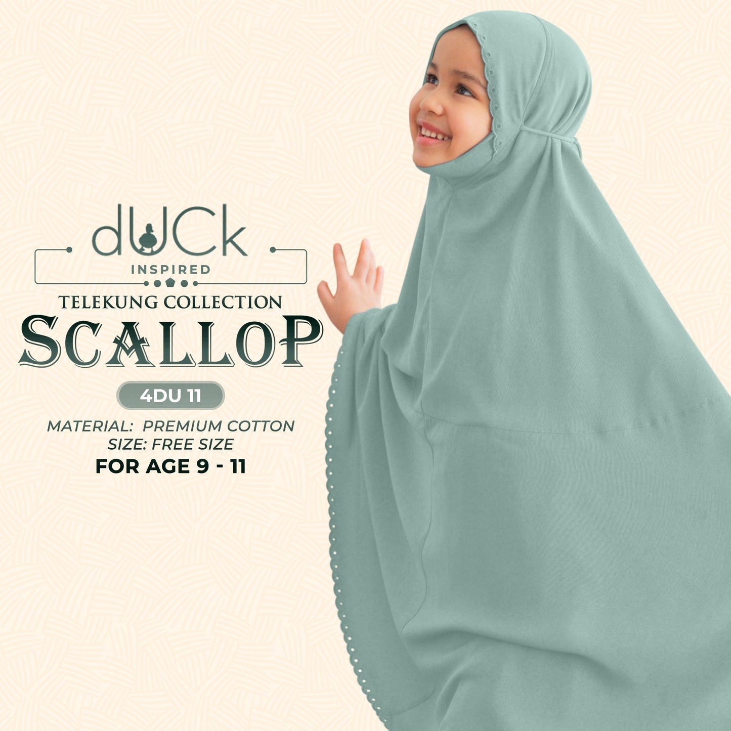 dUCk Inspired Scallop (Kids) Telekung Collection (age 9 to 11) Free Woven Bag (4DU)