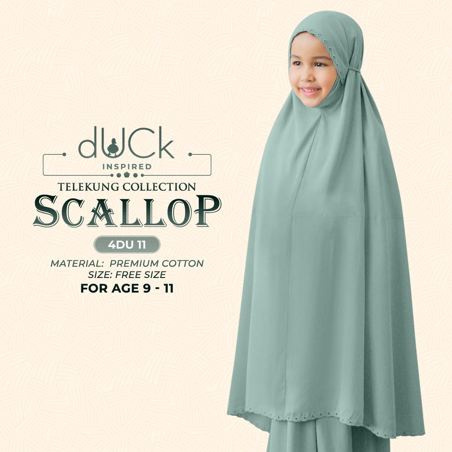 dUCk Inspired Scallop (Kids) Telekung Collection (age 9 to 11) Free Woven Bag (4DU)