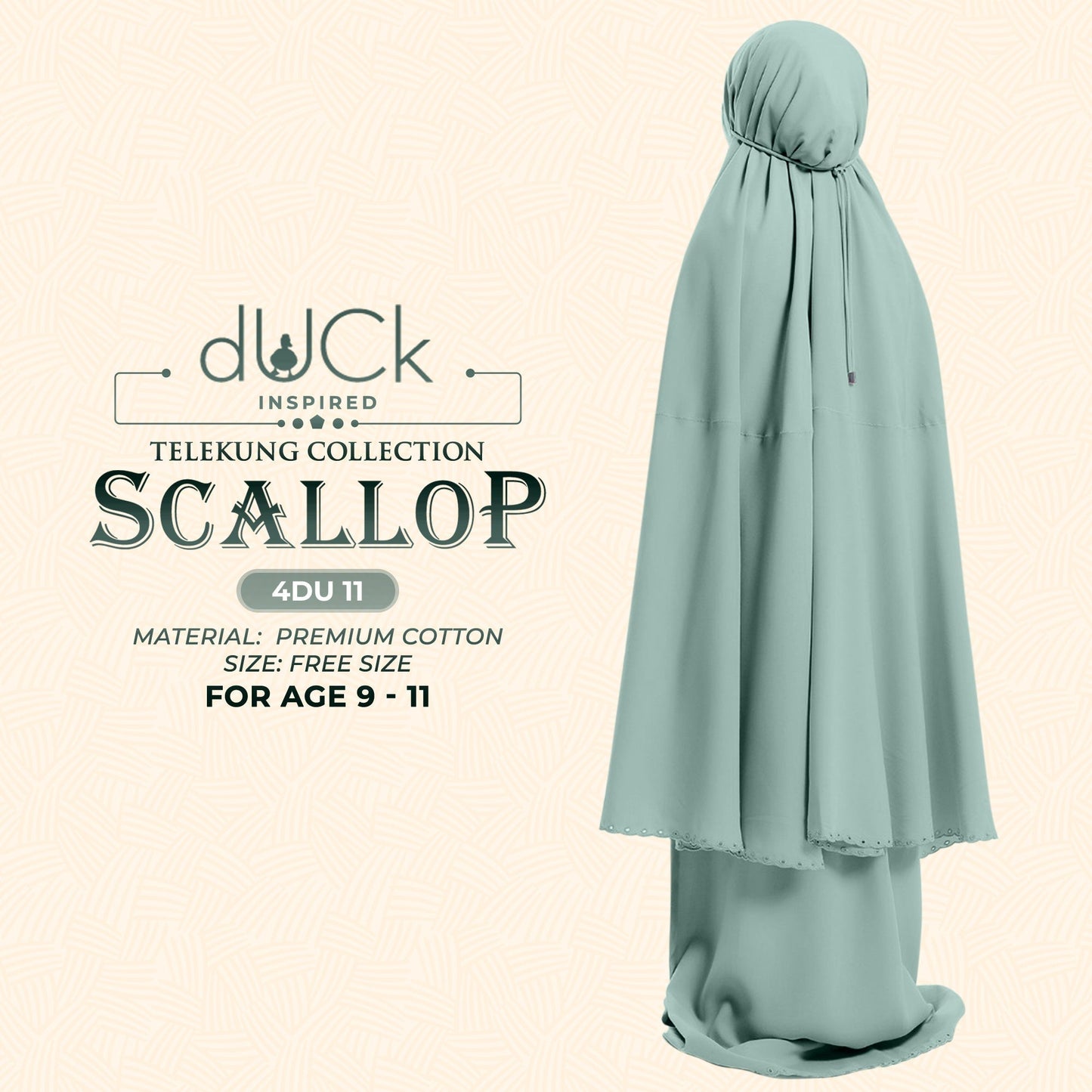 dUCk Inspired Scallop (Kids) Telekung Collection (age 9 to 11) Free Woven Bag (4DU)