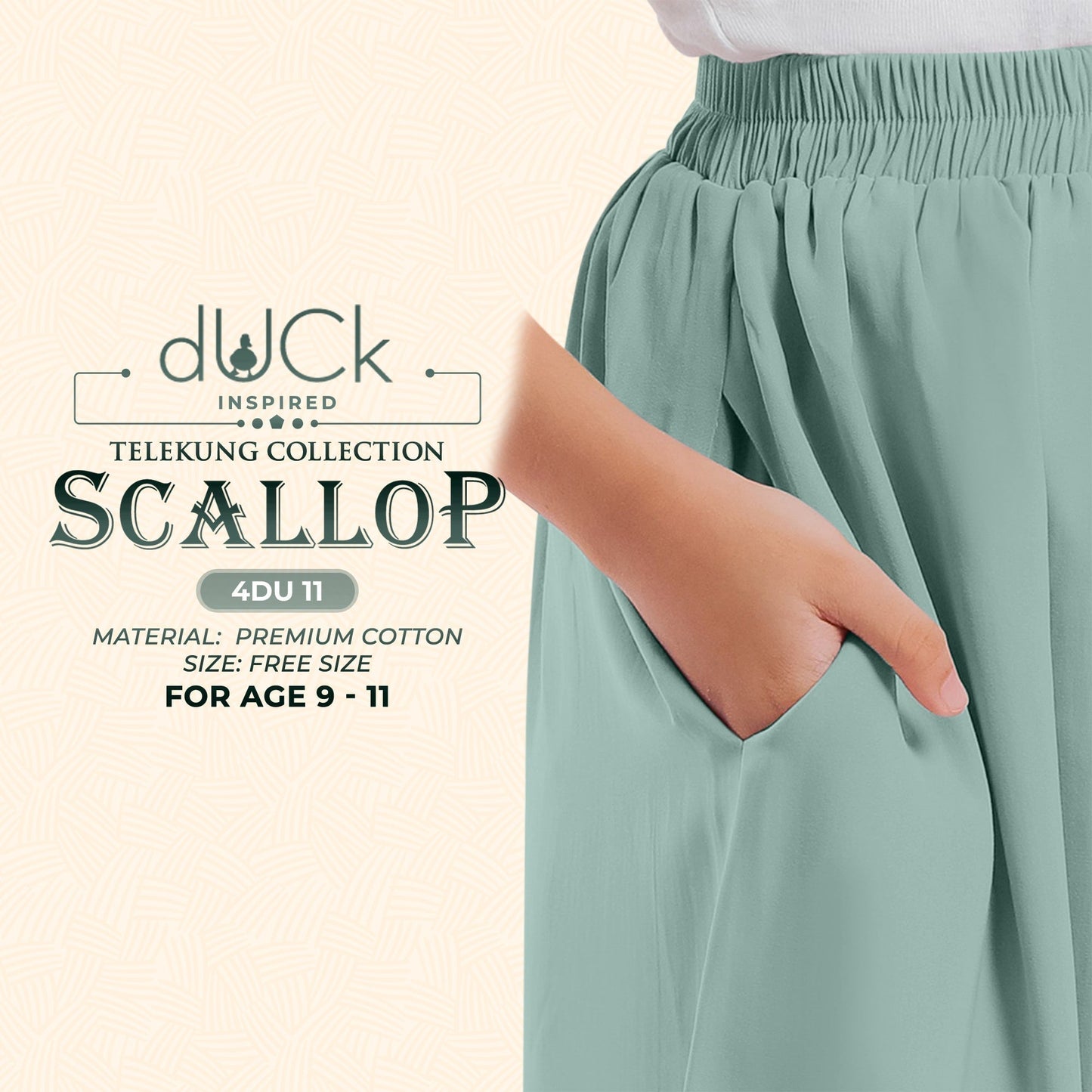 dUCk Inspired Scallop (Kids) Telekung Collection (age 9 to 11) Free Woven Bag (4DU)