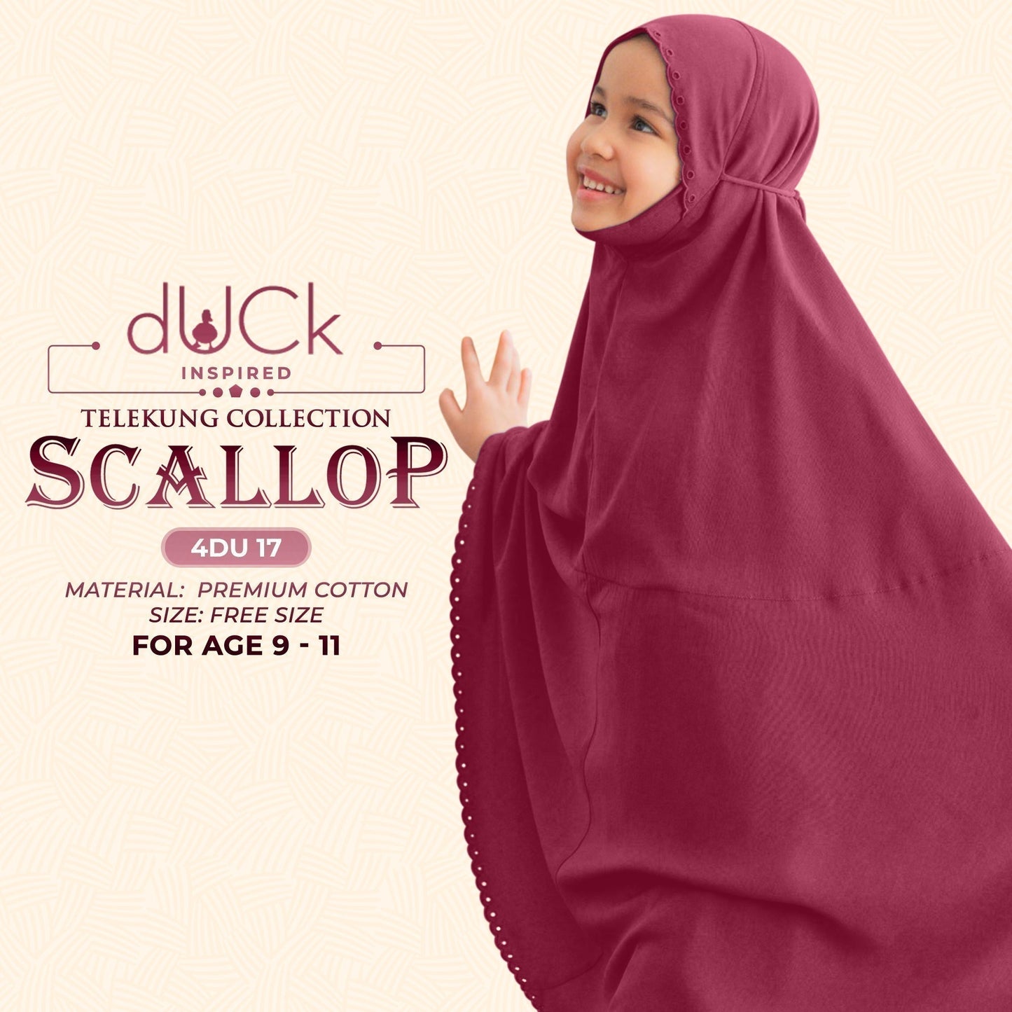 dUCk Inspired Scallop (Kids) Telekung Collection (age 9 to 11) Free Woven Bag (4DU)