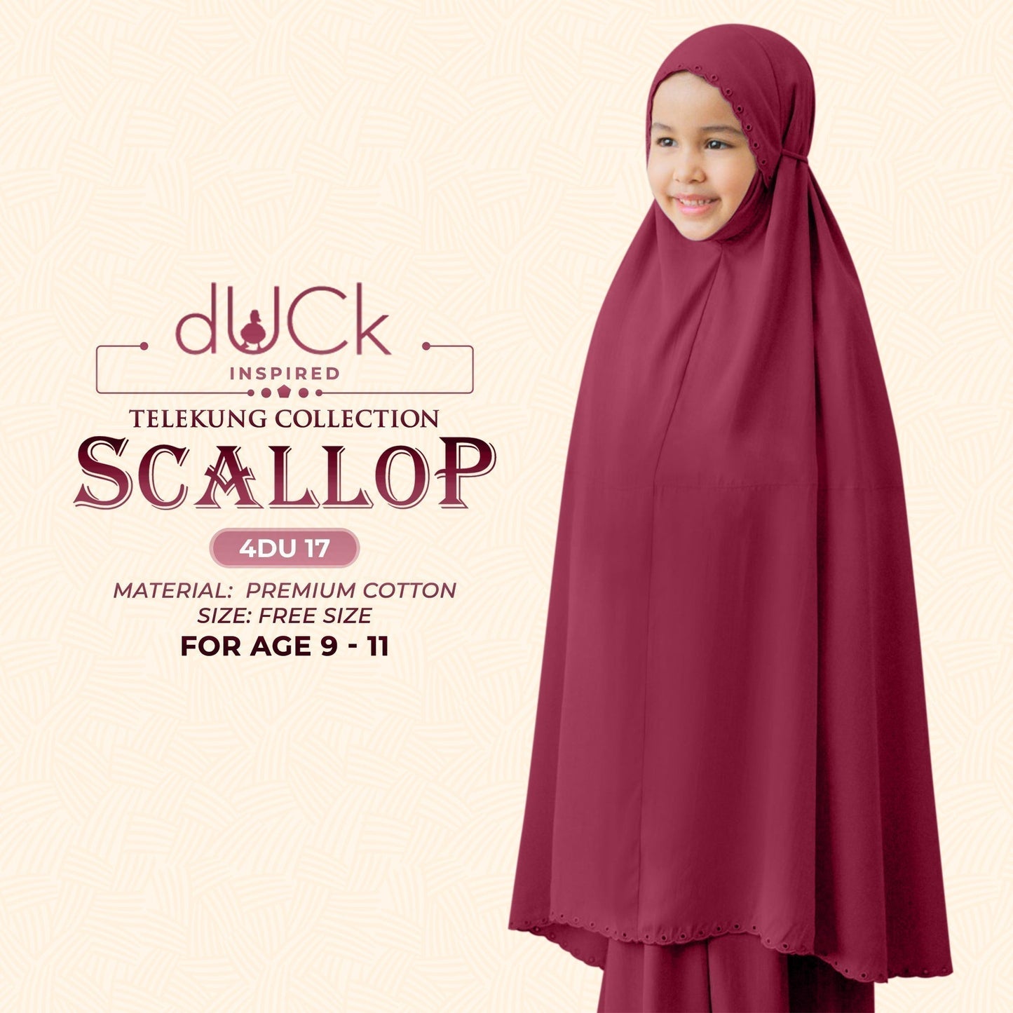 dUCk Inspired Scallop (Kids) Telekung Collection (age 9 to 11) Free Woven Bag (4DU)