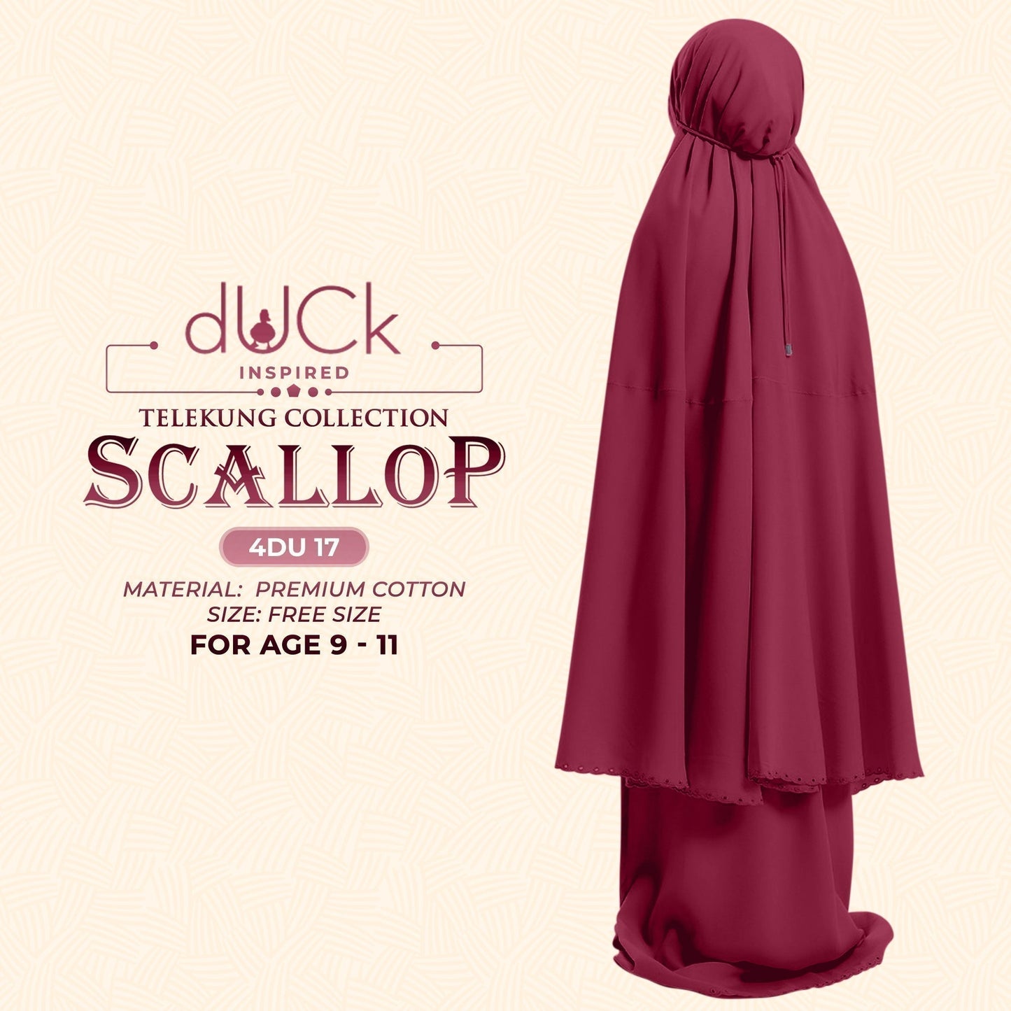 dUCk Inspired Scallop (Kids) Telekung Collection (age 9 to 11) Free Woven Bag (4DU)