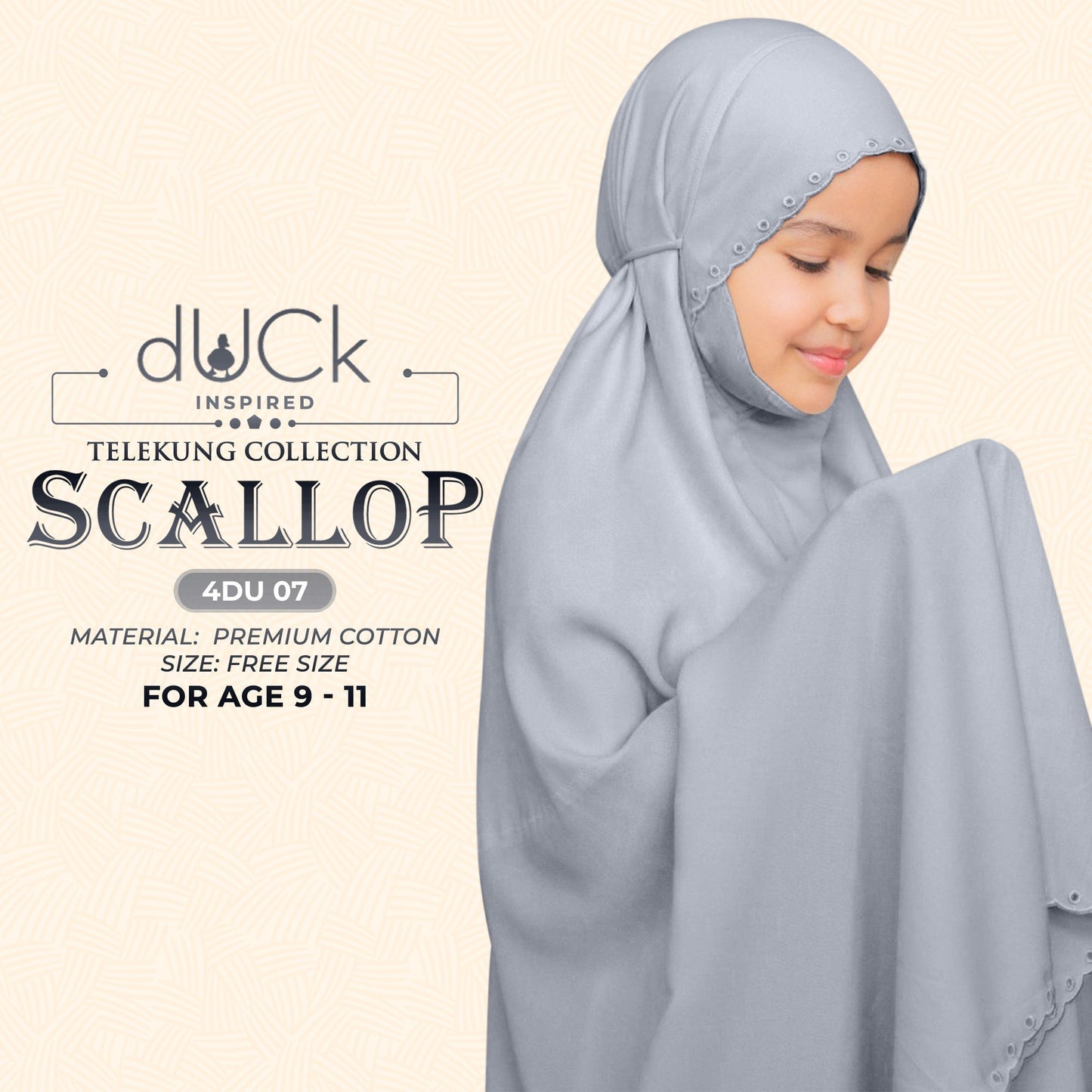 dUCk Inspired Scallop (Kids) Telekung Collection (age 9 to 11) Free Woven Bag (4DU)