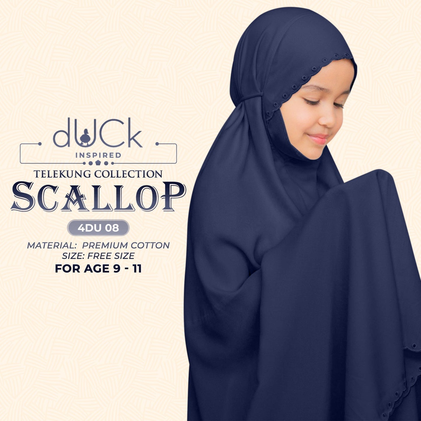 dUCk Inspired Scallop (Kids) Telekung Collection (age 9 to 11) Free Woven Bag (4DU)