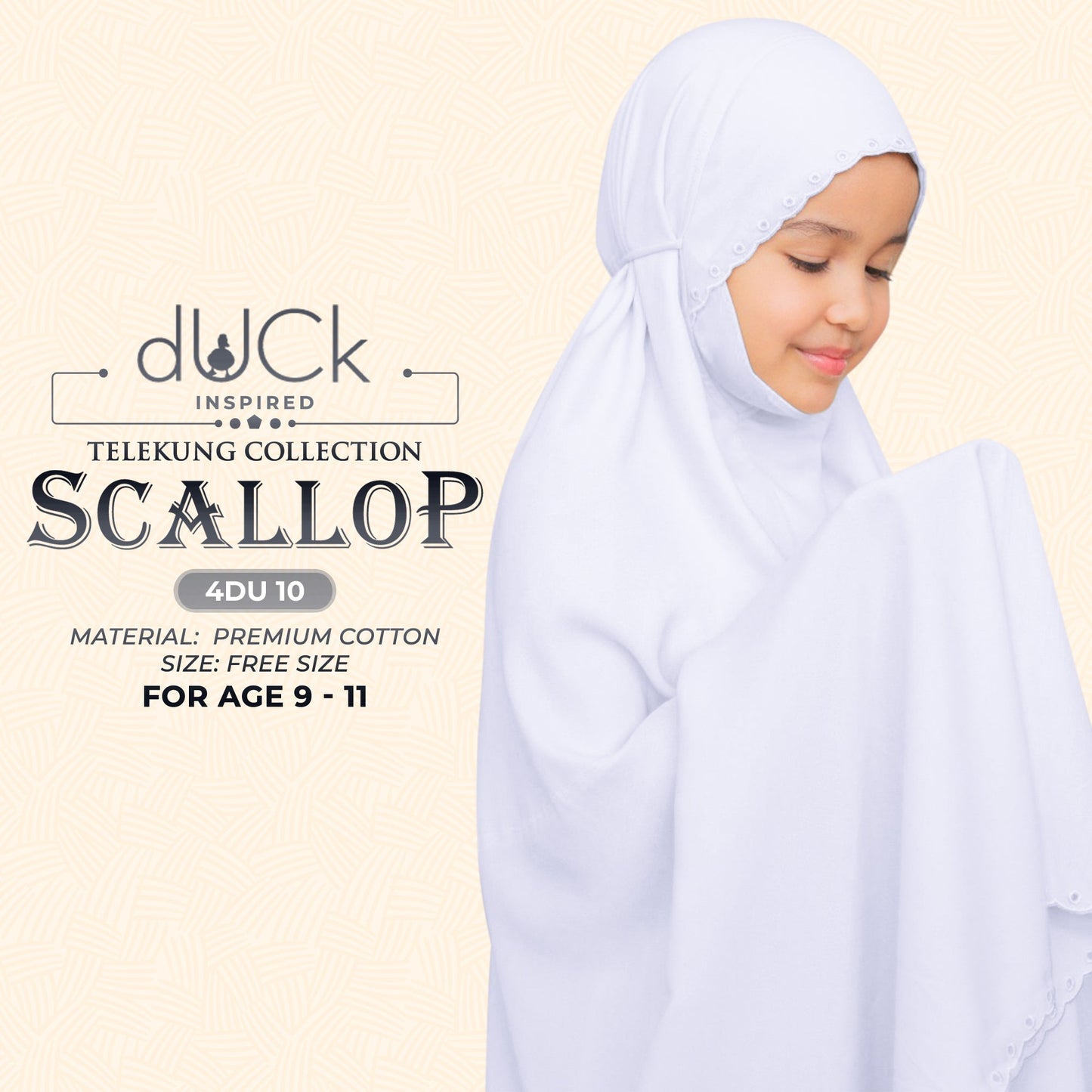 dUCk Inspired Scallop (Kids) Telekung Collection (age 9 to 11) Free Woven Bag (4DU)