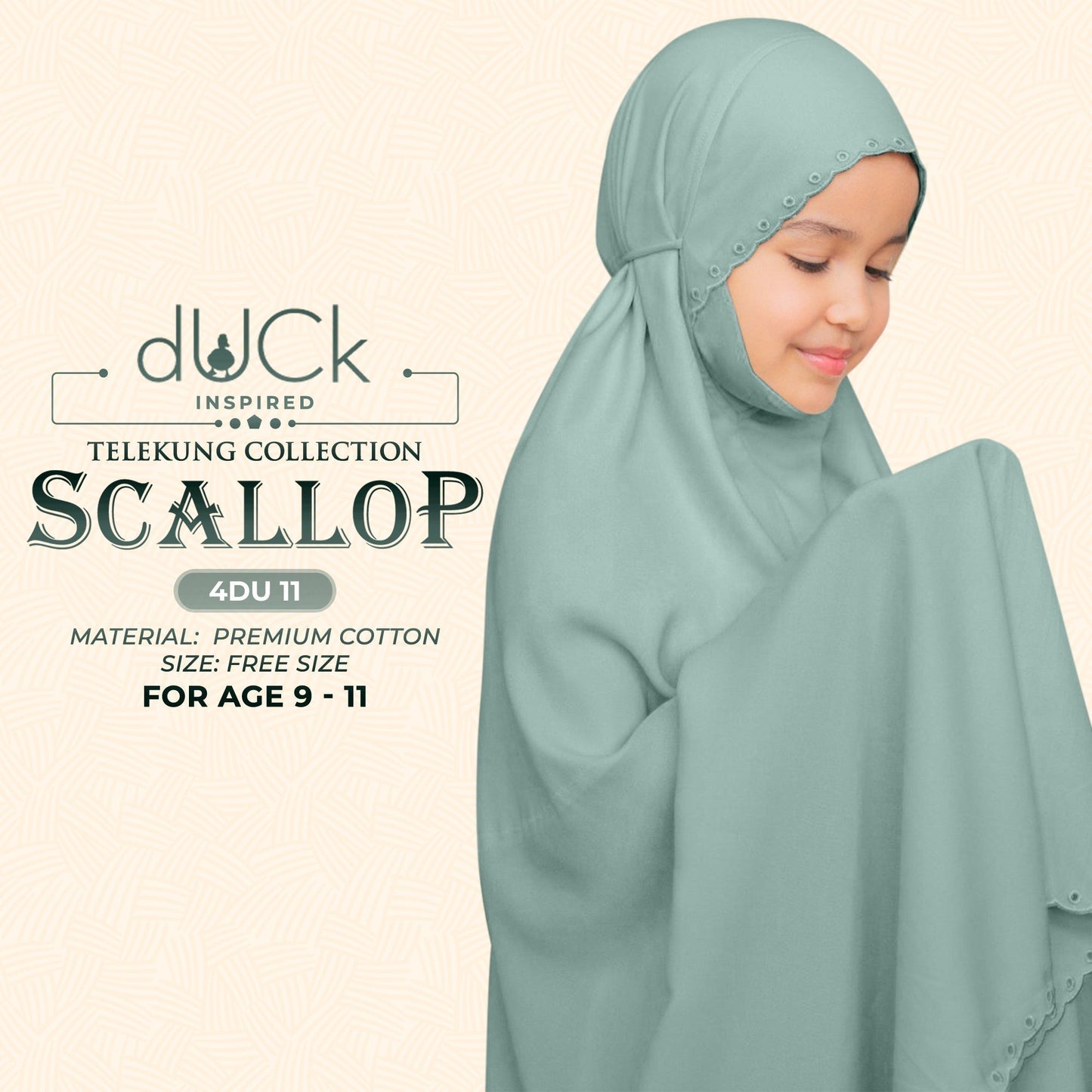 dUCk Inspired Scallop (Kids) Telekung Collection (age 9 to 11) Free Woven Bag (4DU)