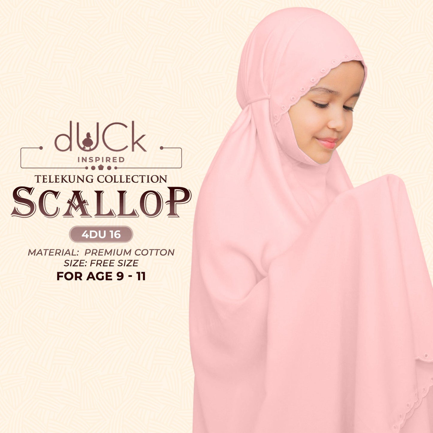 dUCk Inspired Scallop (Kids) Telekung Collection (age 9 to 11) Free Woven Bag (4DU)