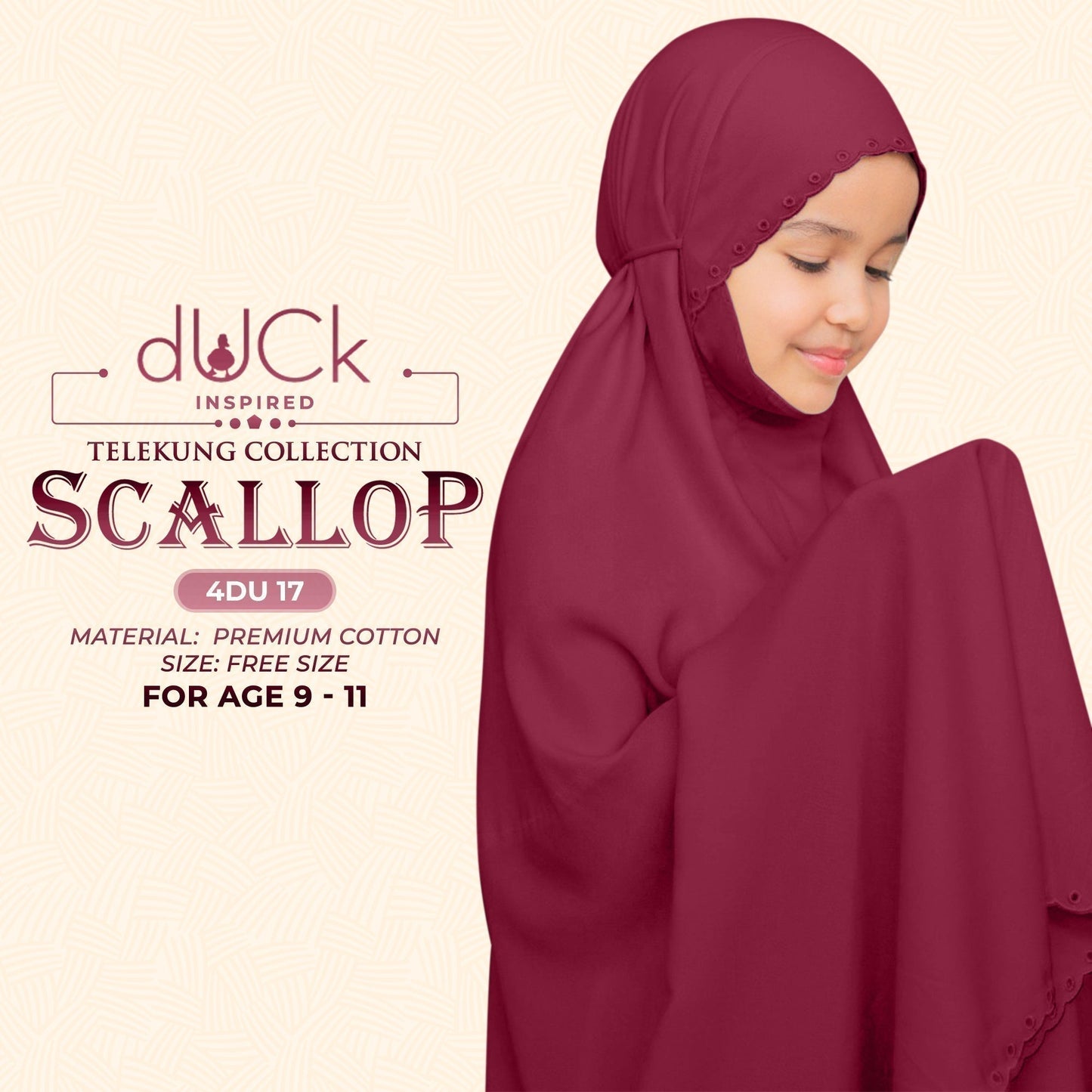 dUCk Inspired Scallop (Kids) Telekung Collection (age 9 to 11) Free Woven Bag (4DU)