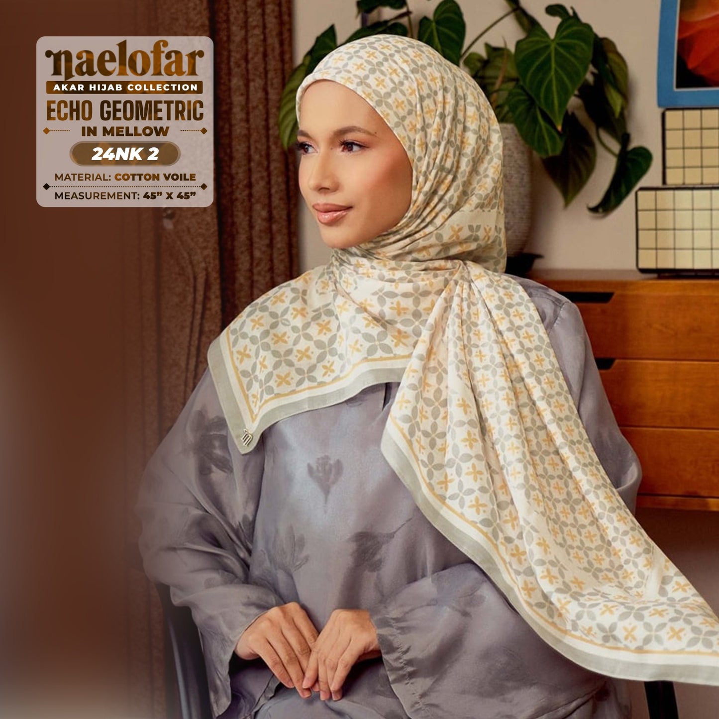 Naelofar Inspired Echo Geometric Printed Cotton Voile SQ (24NK)
